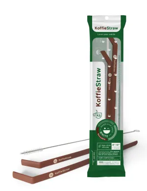 2-Pack of KoffieStraw: Mocha 10"   Mocha 8" with a stainless steeling cleaning brush in home-compostable packaging