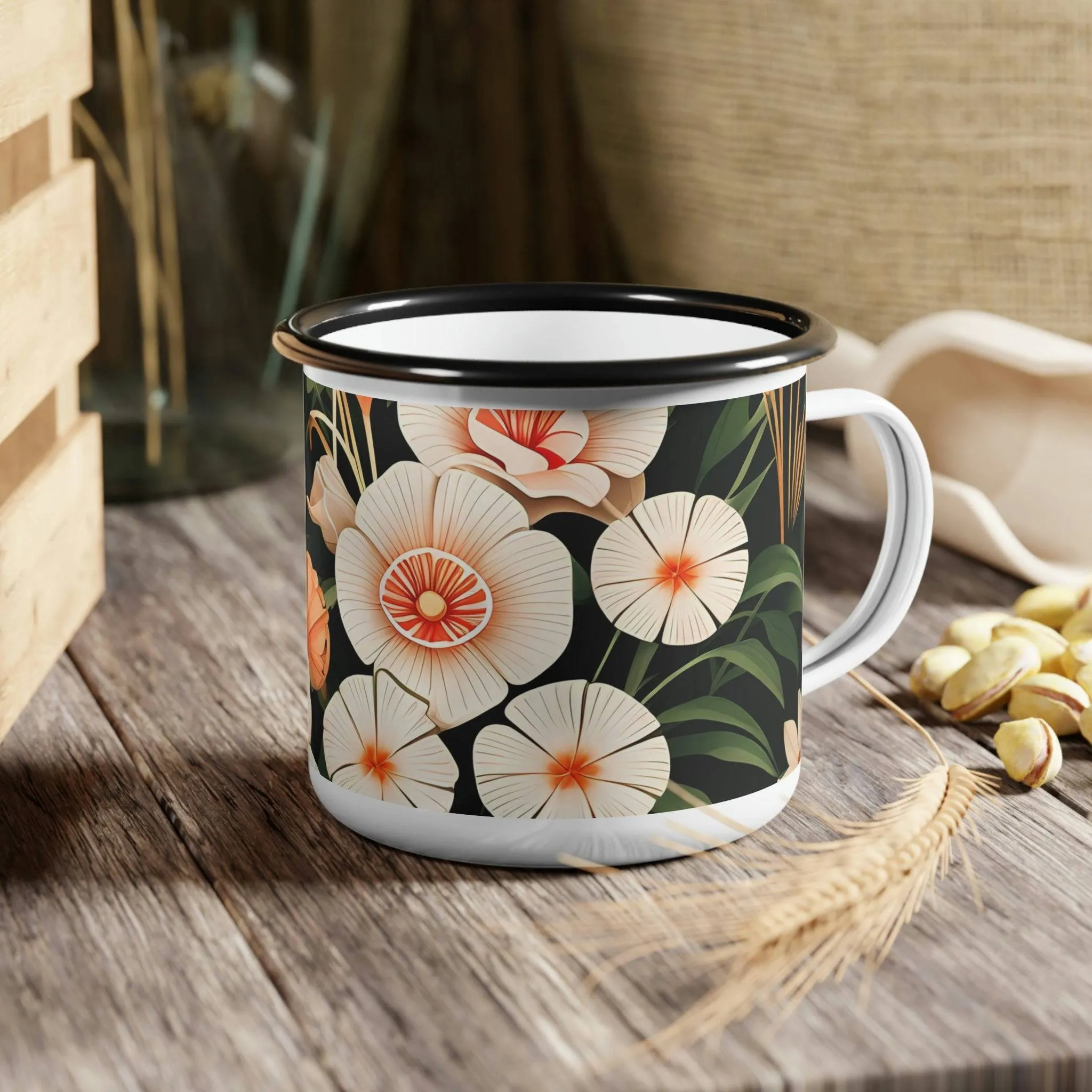 Art Deco Flowers, Enamel Camping Mug for Coffee, Tea, Cocoa, or Cereal - 12oz