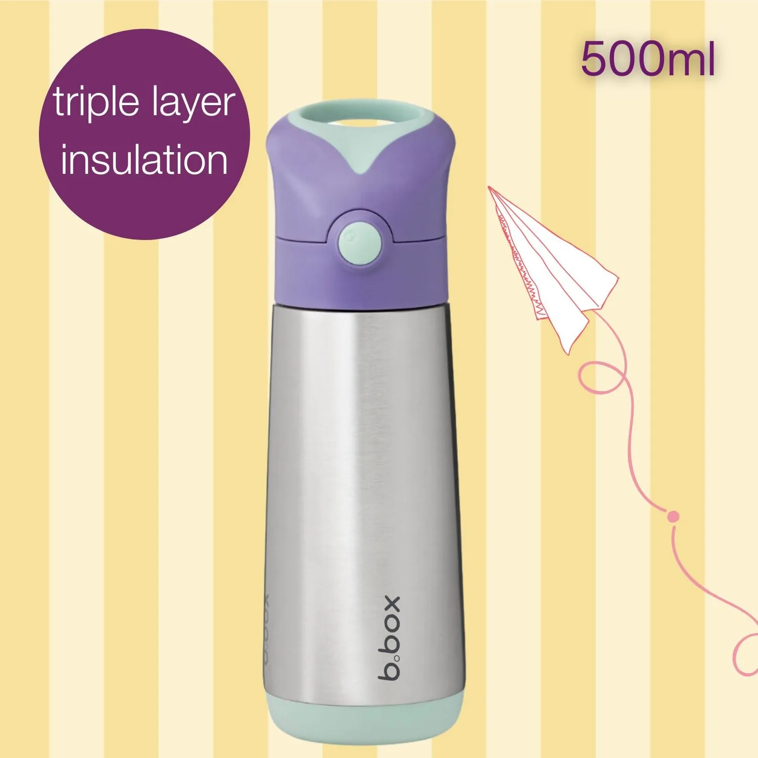 B.box Insulated Straw Sipper Drink Water Bottle, 500ml - Lilac Pop Purple