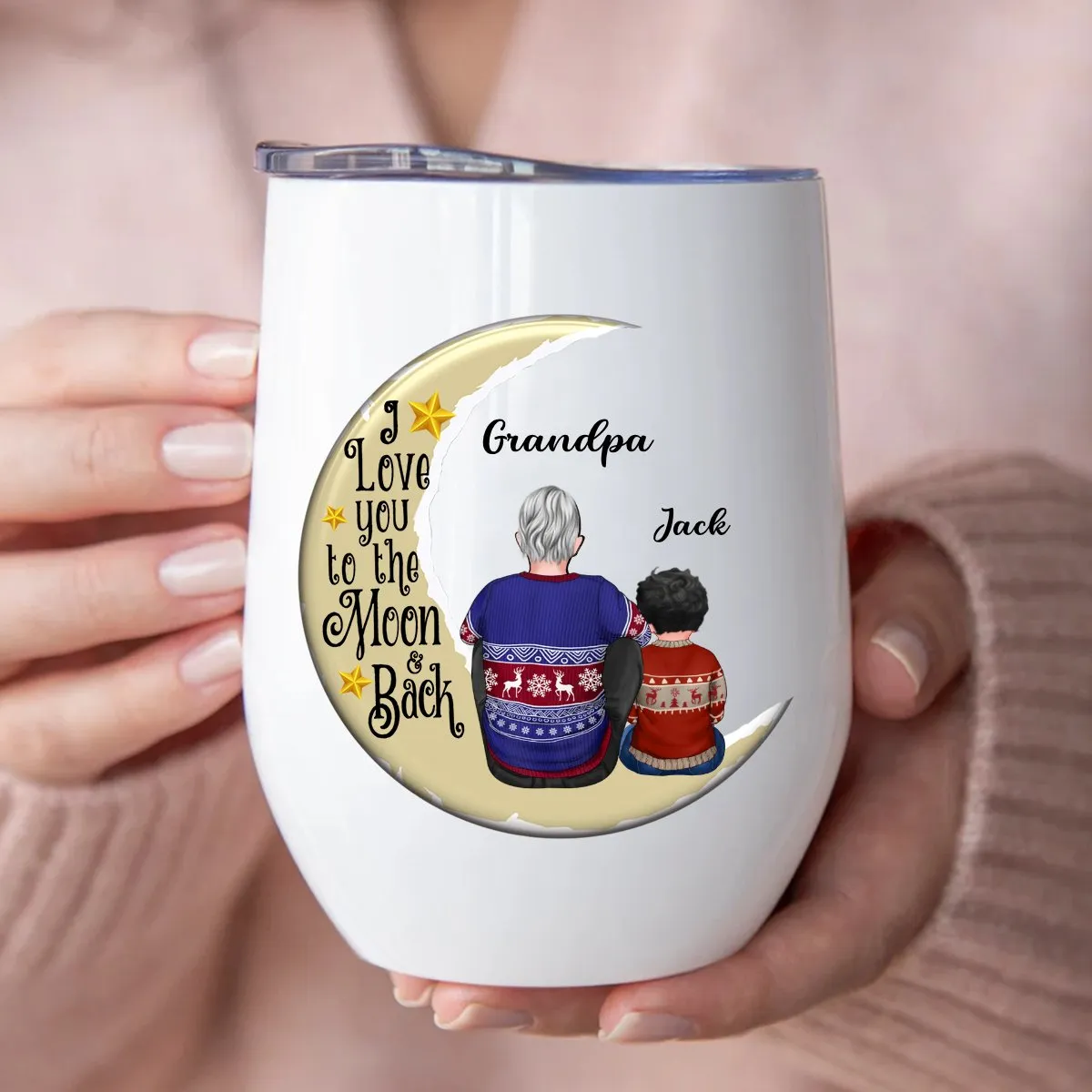 Grandpa - Grandpa Grandkids On Moon - Personalized Wine Tumbler